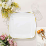 10 Pack | 10inch White with Gold Rim Square Plastic Lunch Party Plates, Disposable Dinner Plates