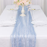 9ft Dusty Blue Sheer Crinkled Organza Table Runner, Premium Shimmer Chiffon Layered Table Runner