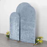 Set of 3 Dusty Blue Crushed Velvet Chiara Backdrop Stand Covers For Round Top Wedding Arches