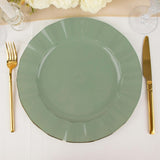 10 Pack | 11 Dusty Sage Disposable Dinner Plates With Gold Ruffled Rim, Round Plastic Party Plates