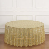 120inch Gold Sequin Leaf Embroidered Seamless Tulle Round Tablecloth, Sheer Table Overlay
