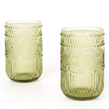 Vintage Embossed Drinking Glasses, Highball Cocktail Glass Tumblers Dusty Sage Green