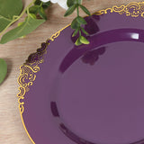 10-Pack Plastic 8INCH Round Dessert Plates in Purple with Gold Leaf Embossed Rim Disposable Vintage