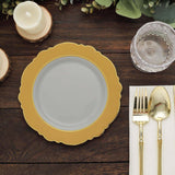 10 Pack | 8inch Gold / White Disposable Salad Appetizer Plates With Round Blossom Design