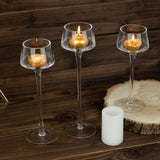 Set of 3 | Long-Stem Clear Glass Tealight Disc Candle Holders