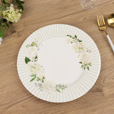 25 Pack White Sage Green Party Paper Plates with Floral Lined Rim, Disposable Dinner Plates