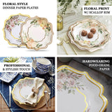 25 Pack | 8inch White/Gold Floral Scallop Rim Salad Party Paper Plates, Appetizer Dessert Plates