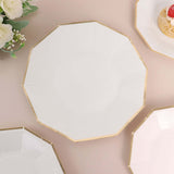 25 Pack | White 9inch Geometric Dinner Paper Plates, Disposable Plates With Gold Foil Rim