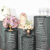 Set of 5 Hunter Emerald Green Sequin Mesh Cylinder Pedestal Pillar Prop Covers with Geometric