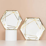 25 Pack | 7inch White / Gold Hexagon Salad Paper Plates, Geometric Disposable Dessert