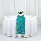 9 Feet Teal Table Runner With Gold Foil Geometric Pattern