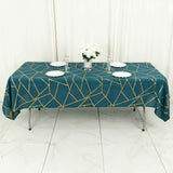 60"x102" Peacock Teal Rectangle Polyester Tablecloth With Gold Foil Geometric Pattern