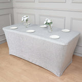 6ft Silver Metallic Shimmer Tinsel Spandex Table Cover, Rectangular Fitted Tablecloth