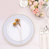 10 Pack White Renaissance Disposable Dinner Plates With Gold Navy Blue Chord Rim, Plastic Party