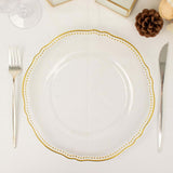 10 Pack | 10inch Clear / Gold Scalloped Rim Disposable Dinner Plates, Large Plastic Party Plates