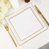 10 Pack | 8inch White / Gold Concave Modern Square Plastic Dessert Plates, Disposable Salad Plates