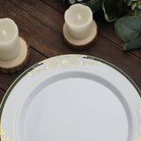 10 Pack | 10inch White With Hunter Emerald Green Rim Plastic Dinner Plates With Gold Vine Design