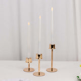 Set of 3 Gold Metal Taper Candle Stands with Round Base, Hurricane Candlestick Holders