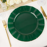 10 Pack | 11 Hunter Emerald Green Disposable Dinner Plates With Gold Ruffled Rim, Party Plates