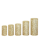 Set of 5 Gold Sequin Mesh Cylinder Pedestal Pillar Prop Covers with Leaf Vine Embroidery#whtbkgd