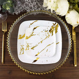 10 Pack | 8inch White / Gold Marble Square Plastic Salad Plates, Disposable Appetizer Party Plates