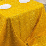 90x156inch Metallic Gold Premium Tinsel Shag Rectangular Tablecloth, Shimmery Metallic Fringe