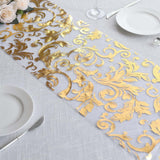 12x108inch Metallic Gold Sheer Organza Table Runner with Swirl Foil Flower Design