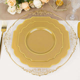 8inch Gold Heavy Duty Disposable Baroque Salad Plates Gold Rim Hard Plastic Dessert Appetizer Plates