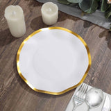 25 Pack | 8inch Matte White / Gold Wavy Rim Disposable Salad Plates, Appetizer Dessert Party Plates