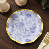 25 Pack | 8inch White / Blue Chinoiserie Disposable Salad Plates With Gold Wavy Rim Floral