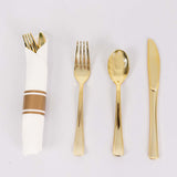 Set of 24 Pre Rolled White Paper Napkins with Gold Plastic Silverware