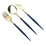 24 Pack | Metallic Gold Modern Silverware Set, Premium Plastic Cutlery Set With Royal Blue Handle