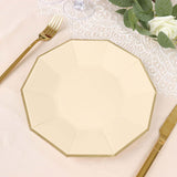 25 Pack | 9inch Beige Gold Foil Rim Geometric Dinner Paper Plates, Decagon Disposable Plates