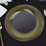 10 Pack | 9inch Clear / Gold Swirl Rim Disposable Dinner Plates, Round Plastic Party Plates