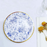 25 Pack | 7inch Blue Chinoiserie Floral Disposable Salad Plates with Gold Rim