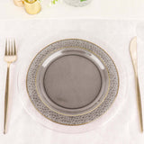 10 Pack | 7.5inch Opaque Black Hammered Design Plastic Salad Plates With Gold Rim