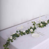  Artificial Eucalyptus Leaf Hanging Vines With 7 White Rose Flower Heads, Floral Greenery Table