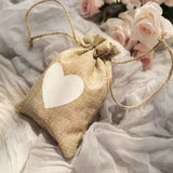 20 Pack | 4x5inch Natural/Ivory Heart Design Jute Burlap Gift Bags With Drawstring