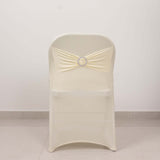 Ivory Spandex Folding Chair Covers with Silver Rhinestone Buckled Sash Band