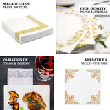 25 Pack White Linen-Feel Beverage Napkins with Gold Greek Key Print