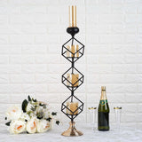 28inch Tall 3-Tier Stacked Black Geometric Candle Holder with Amber Glass Votives & Gold Trim