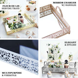 Fleur De Lis White Metal Decorative Vanity Serving Tray with handles, Rectangle Mirrored Tray