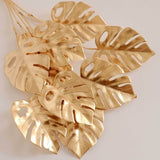 4 Pack Metallic Gold Artificial Monstera Leaves Bunches, 14inch Tropical Palm Leaf Bushes Vase