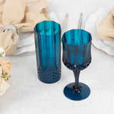 6 Pack 8oz Navy Blue Crystal Cut Reusable Plastic Cocktail Goblets, Shatterproof Wine Glasses