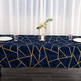 60"x102" Navy Blue Rectangle Polyester Tablecloth With Gold Foil Geometric Pattern