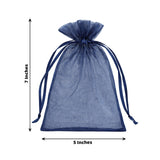 Navy blue organza gift bag, 7x5 inches, with drawstring closure.