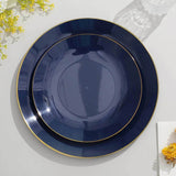 10 Pack | 8inch Glossy Navy Blue Round Plastic Salad Plates With Gold Rim