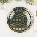 20 Pack Set | 9inch, 7inch Navy Blue Geometric Gold Print Plastic Plates