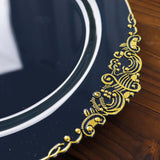 10inch Navy Blue Leaf Embossed Baroque Plastic Dinner Plates, Disposable Vintage Round Dinner Plates