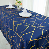 90inch x 156inch Navy Blue Rectangle Polyester Tablecloth With Gold Foil Geometric Pattern